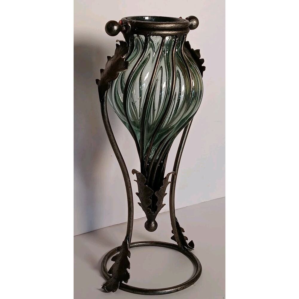 Amphora Vase Hand Blown Caged Green Glass Metal Leaves Stand 14.5"